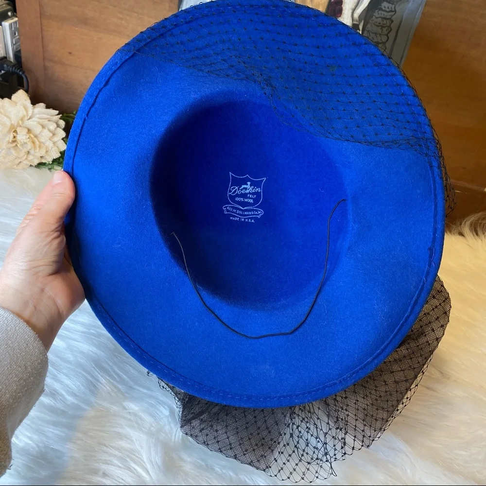 Royal Blue Women's Felt Hat with Black Veil - Picture 6 of 11